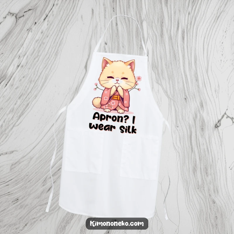 Funny bowing cat kimono apron, showing a fluffy feline offering a respectful bow, perfect for kitchen duties with a touch of refined humor.