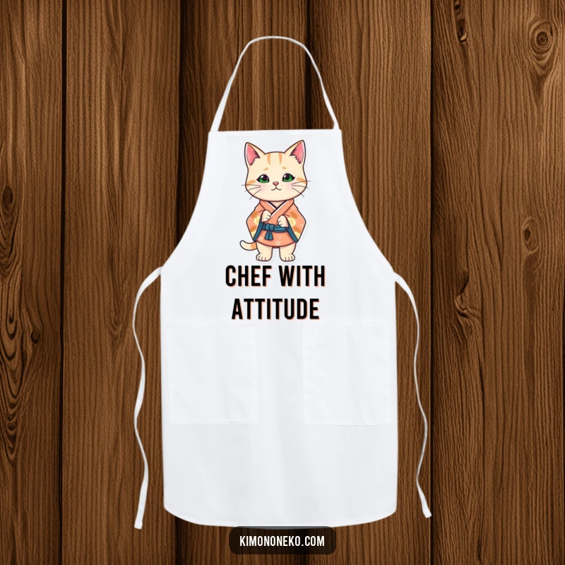 Funny Kawaii cat in a stylized kimono, striking a confident stance, functional kitchen wear with attitude.