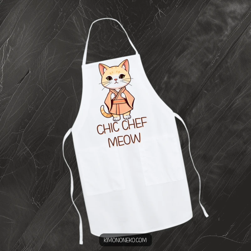 Funny Kawaii cat in a stylized kimono striking a confident stance, cooking apron, stylish kitchen wear.