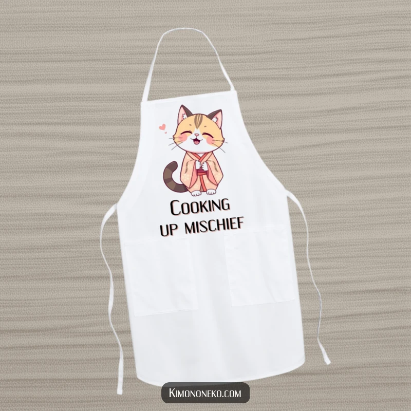 Funny Kawaii cat in an elegant kimono, sharing a secret giggle, stylish kitchen wear with a hint of playful mystery.