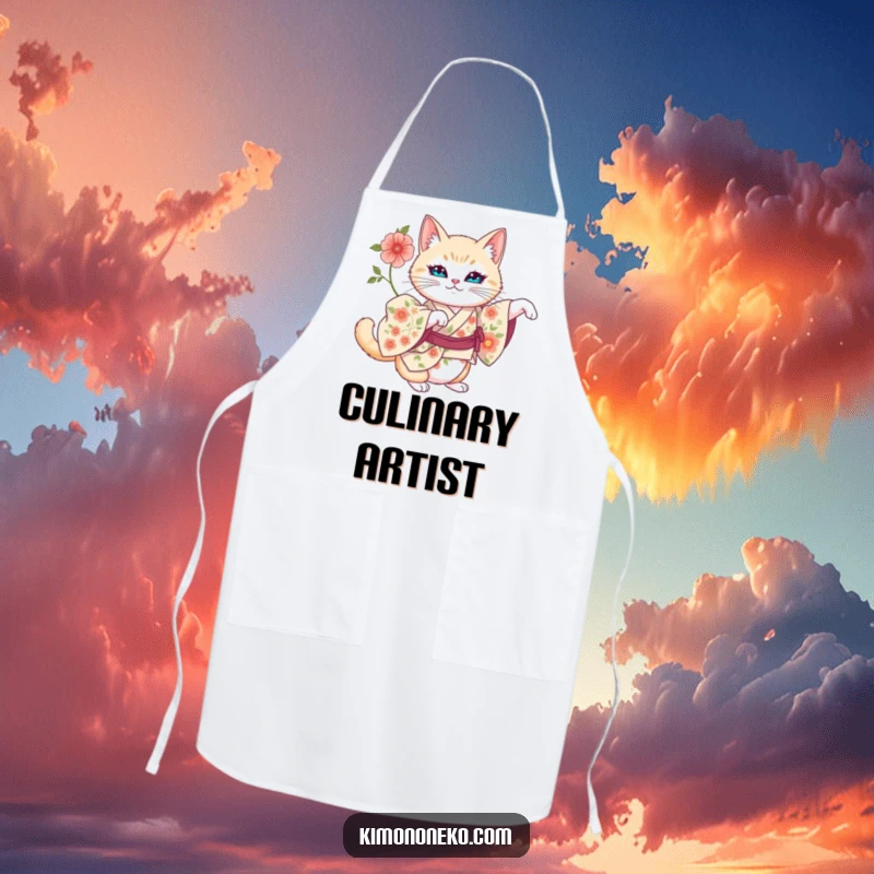 Funny apron showing an artistic cat in a floral kimono stretching regally.