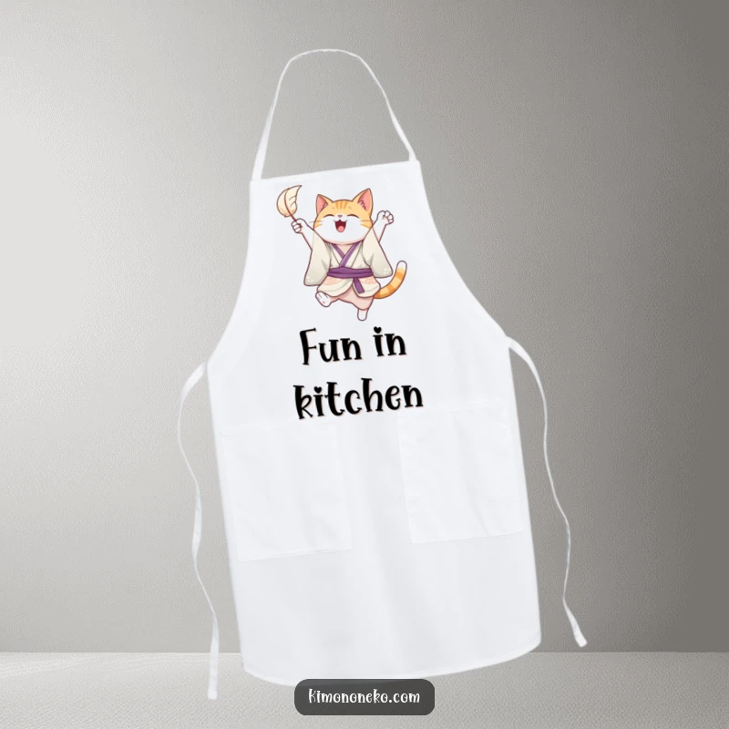 Funny apron depicting a joyful cat in a kimono, leaping playfully to catch a floating feather, adding humorous charm to your cooking experience.