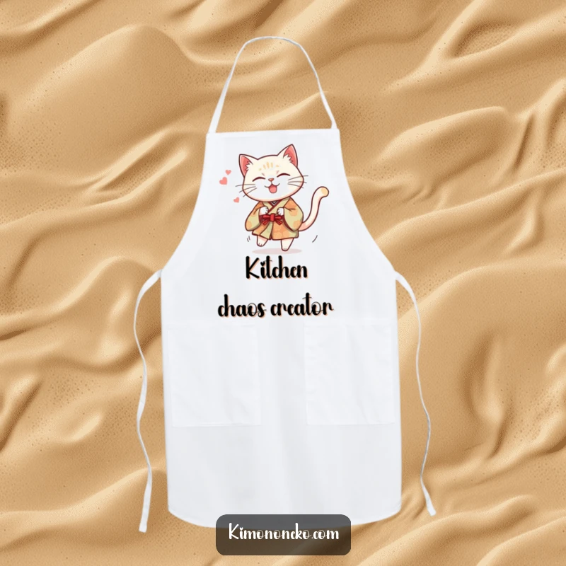 Funny apron depicting a mischievous cat in a traditional kimono hilariously chasing its tail, perfect for kitchen shenanigans.