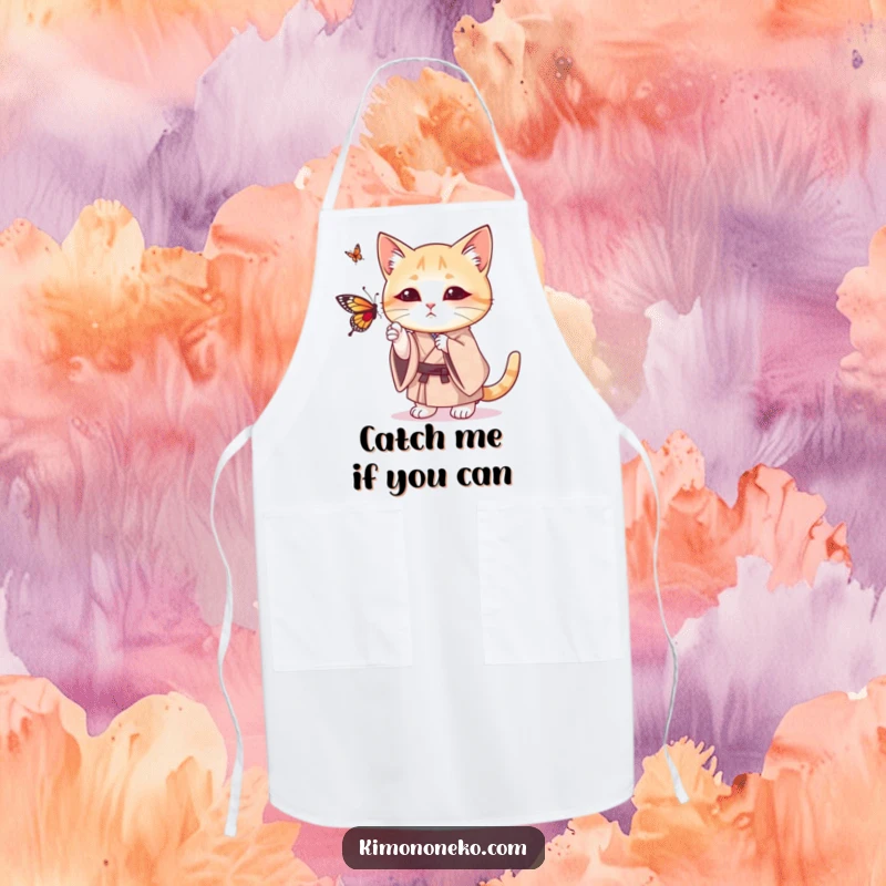 Funny apron featuring a cat in a patterned kimono playfully batting at a butterfly, perfect for a humorous kitchen experience.