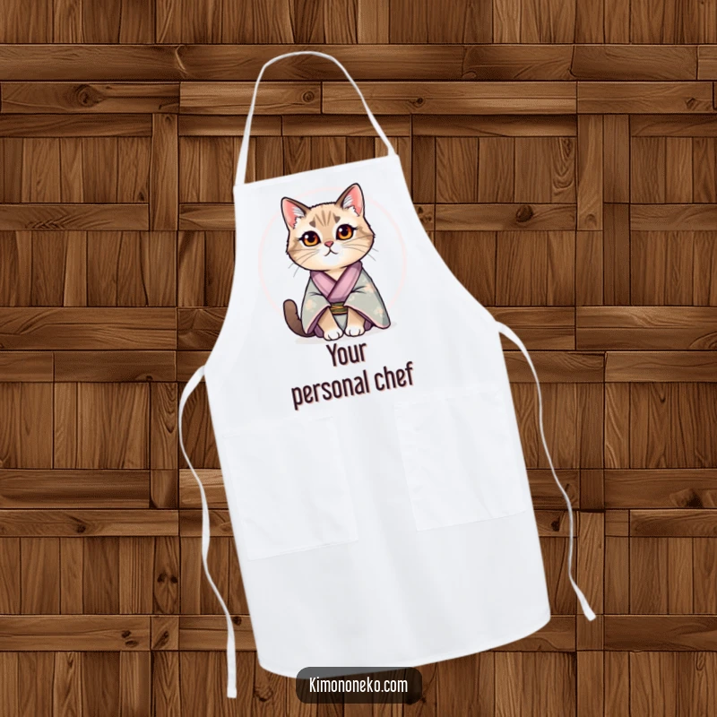 Funny apron depicting a regal cat in a silk kimono sitting proudly, perfect for chic and humorous kitchen duties.