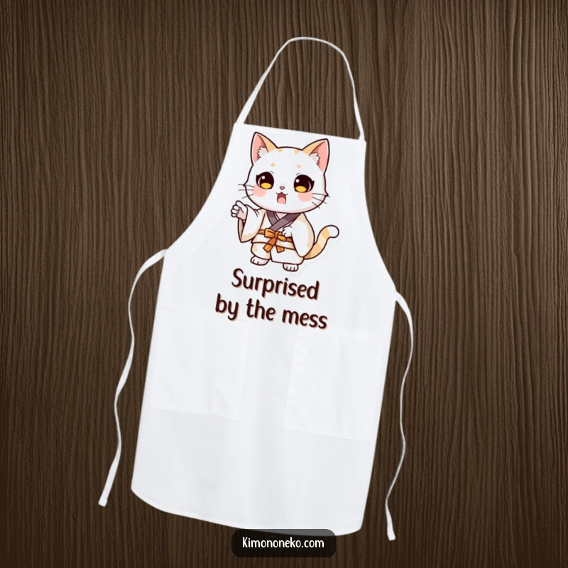 Funny kawaii cat in a kimono, striking a dramatic surprised pose, printed on a functional kitchen apron.
