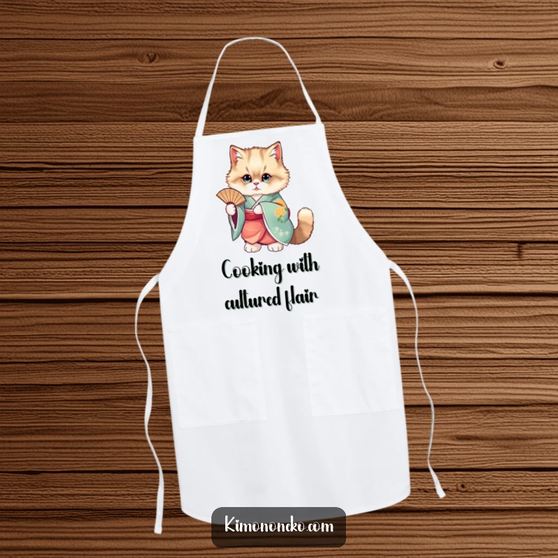 Funny kitchen apron showing a fluffy cat elegantly dressed in a vibrant kimono, holding a fan.