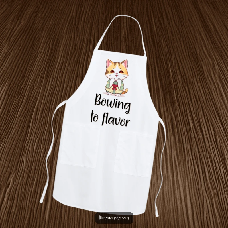 Funny kawaii calico cat in a festive kimono bowing on a kitchen apron, merging humor with anime politeness.