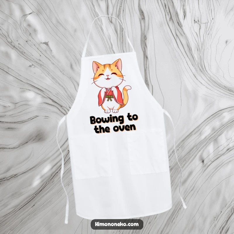Funny happy kawaii calico cat in a red and white kimono, performing a graceful bow, on a practical kitchen apron.