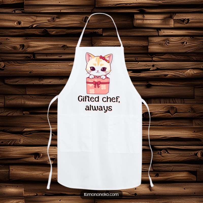 Funny kawaii cat in a kimono, peeking from a gift box, on a functional and funny kitchen apron, a great gift.