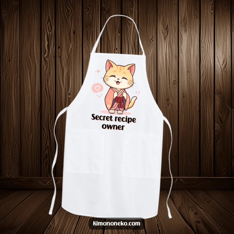 Funny Kawaii cat in an elegant kimono sharing a secret giggle, cooking apron, stylish kitchen wear.