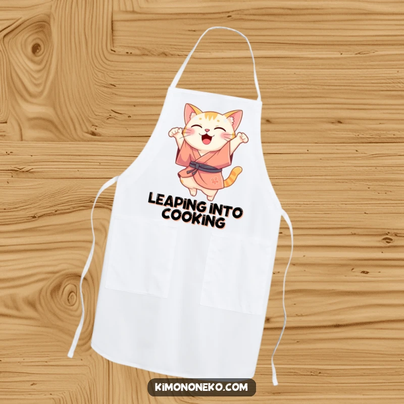 Funny Kawaii cat wearing a silk kimono apron, performing a joyful leap, a humorous kitchen accessory.