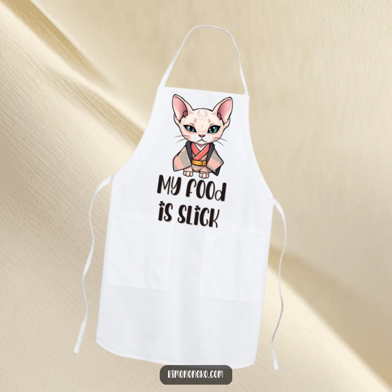 Funny Kawaii Sphynx cat in cool kimono giving a wink, stylish anime apron, gift.