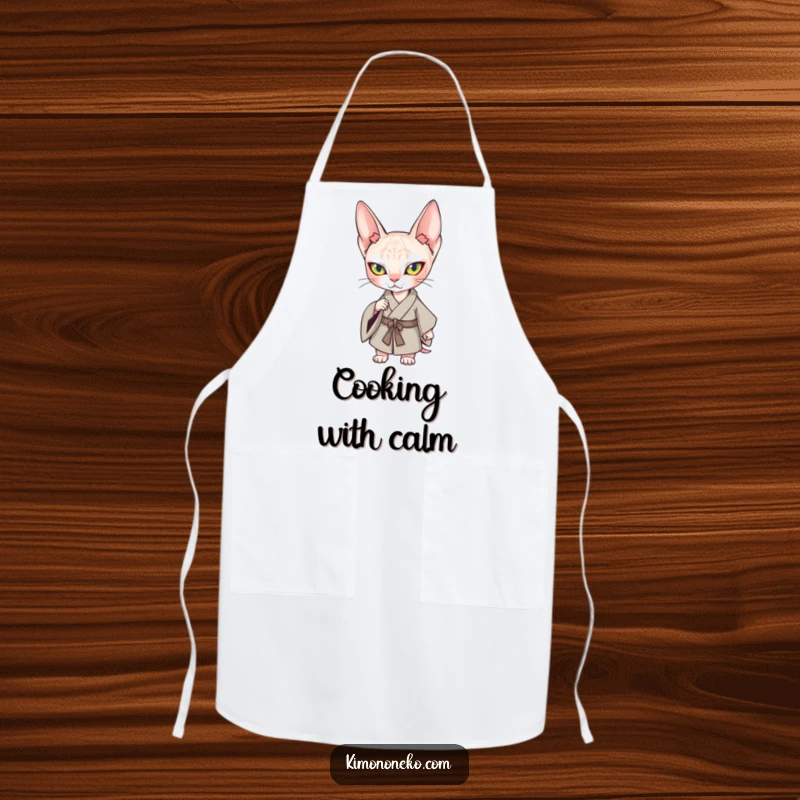 Funny Kawaii Sphynx Cat Kimono Apron: A determined Sphynx cat in a kimono, ready to cook up a storm.