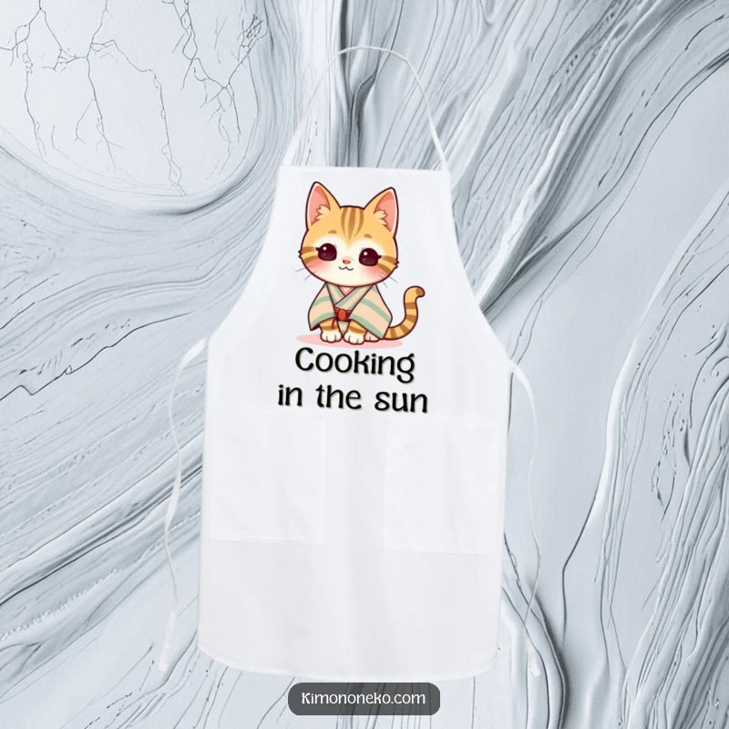 Funny Kawaii Tabby Cat Apron: A content tabby cat chef in a striped kimono enjoys the sun, bringing humorous peace to the kitchen.