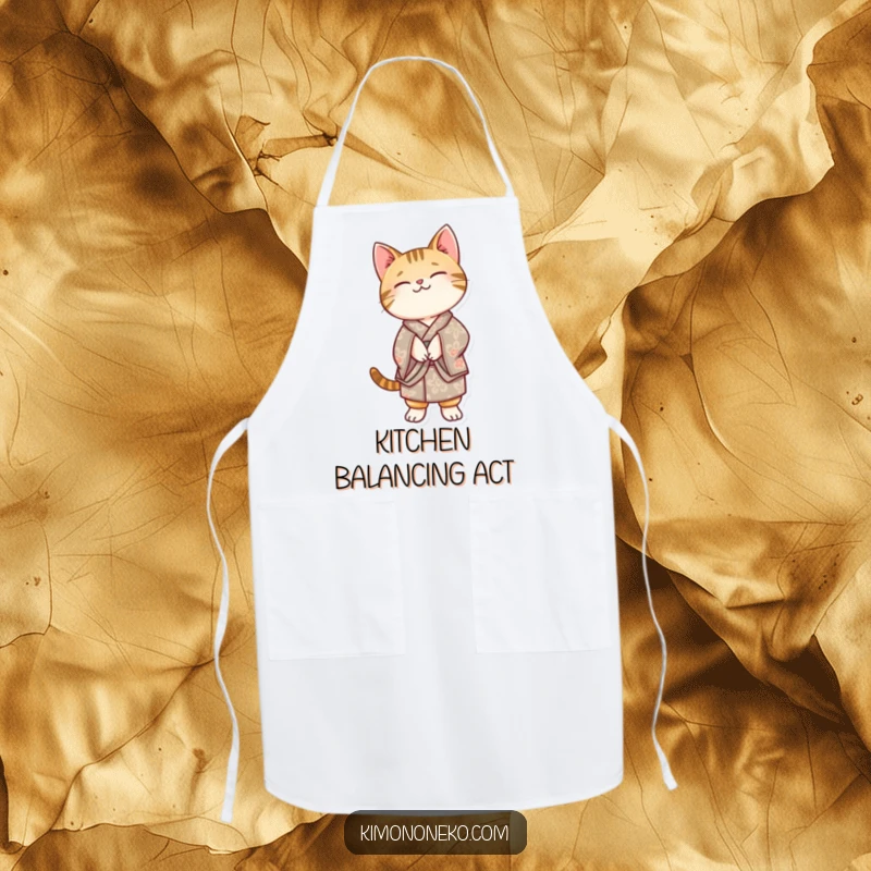 Funny Kawaii tabby cat in a patterned kimono, balancing on its hind legs, printed on a kitchen apron for humorous cooking.