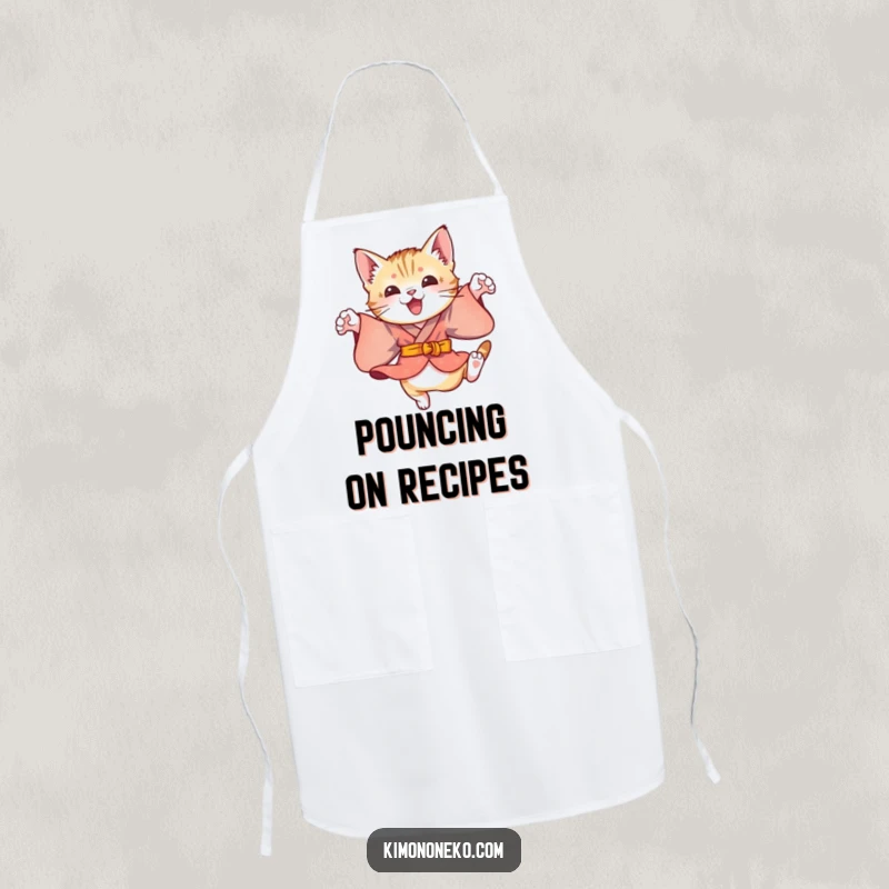 Funny cooking apron with a playful kitten in a colorful kimono, performing energetic leaps, perfect for a fun and spirited kitchen experience.