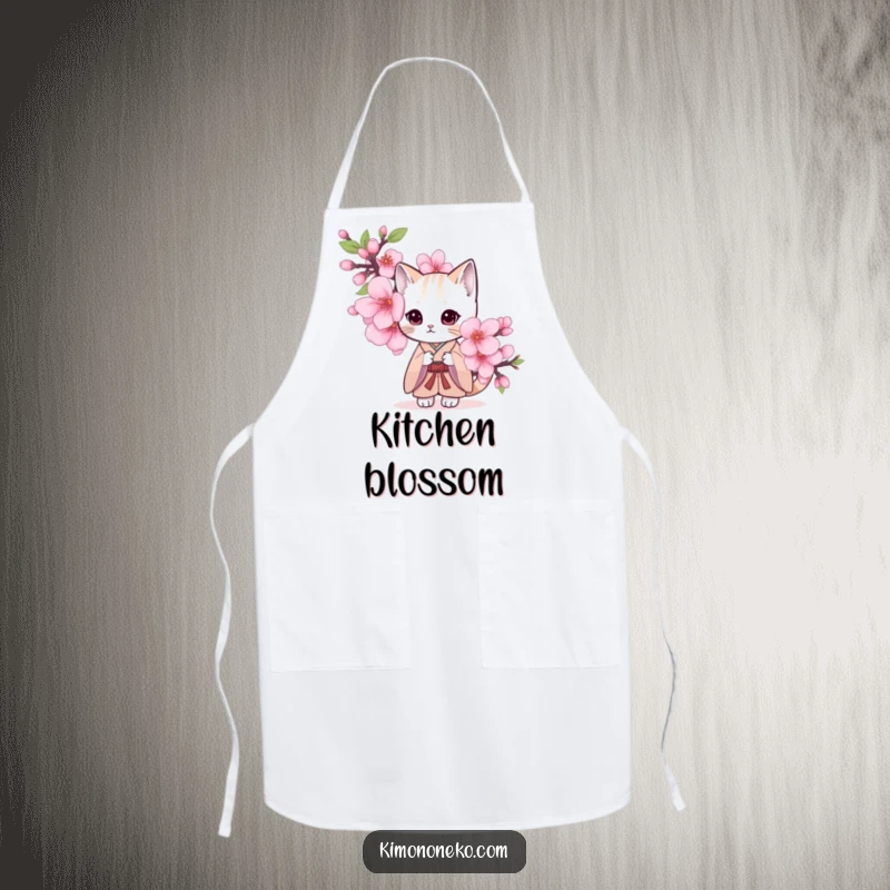 Funny apron showing a shy cat wearing a kimono, peeking from behind a large cherry blossom.