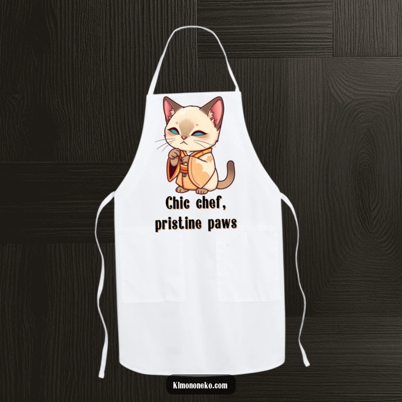 Funny Siamese kawaii cat in an ornate kimono, grooming its paw, on a functional and funny kitchen apron, a stylish gift.