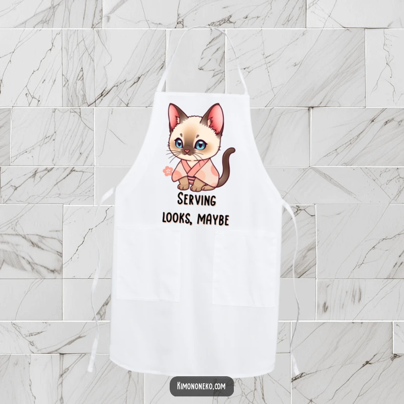 Funny Siamese cat in a patterned kimono, looking curious while cooking. A humorous apron for kitchen fun.