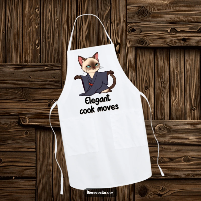Funny Siamese Cat Apron: A sleek Siamese cat in a dark kimono elegantly stretches, perfect for a chic kitchen.