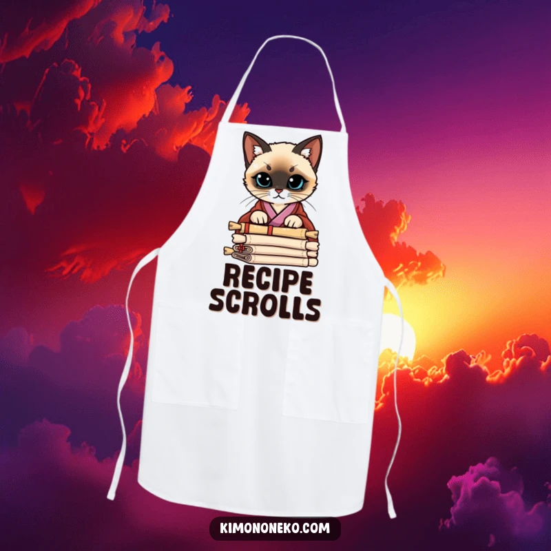 Funny Siamese Cat Kimono Apron: A Siamese cat in a stylish kimono peering curiously over a stack of scrolls, adding wisdom.