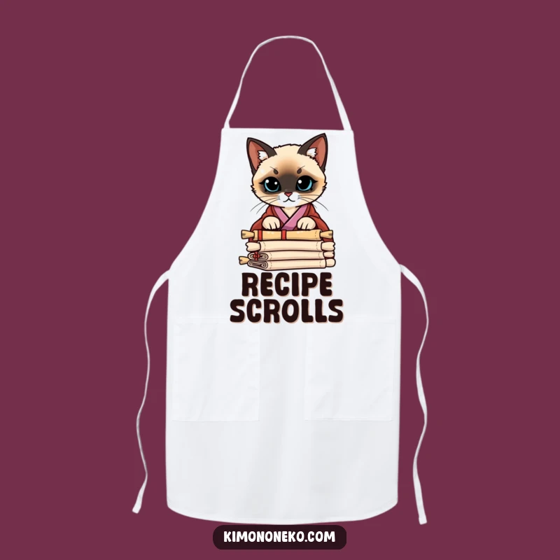 Cook with wisdom in this funny apron, featuring a Siamese cat in a stylish kimono peering over scrolls. Protects your clothes with a touch of mystique.