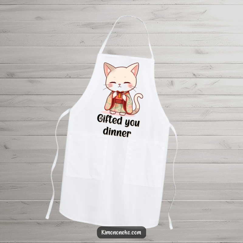 Funny sleek cat in an elegant kimono offering a small gift, on a stylish and functional kitchen apron.