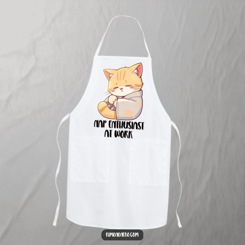 Funny kitchen apron featuring a sleepy cat in a kimono, enjoying a sunbeam, perfect for adding humor to cooking or baking.