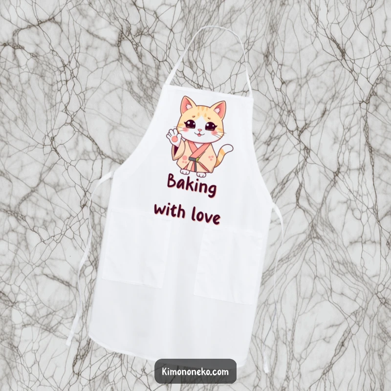 Funny smiling cat in a kimono, waving hello. Humorous apron for cheerful kitchen activities.