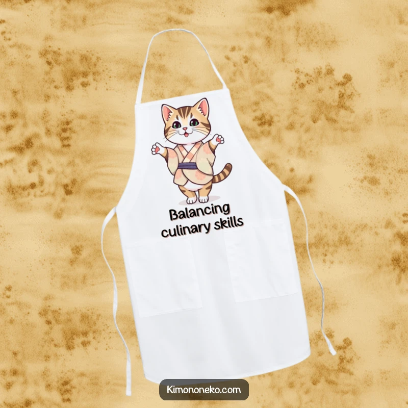 Funny Tabby Cat Kimono Apron: A Kawaii tabby cat in a patterned kimono balancing on its hind legs, perfect for cooking with humor.