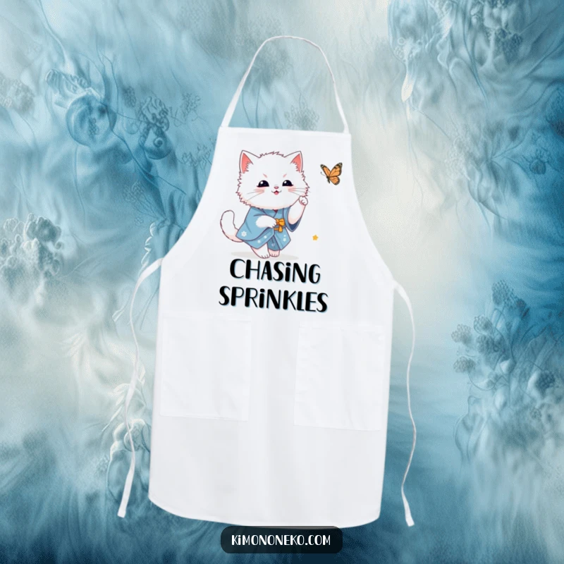 Funny fluffy white kawaii cat in a blue kimono playfully chasing a butterfly, a charming and humorous design for a kitchen apron.
