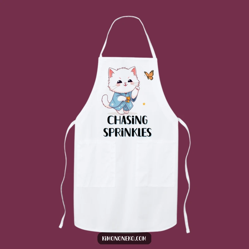 Funny White Cat Apron: Kawaii Kitty in Blue Kimono Butterfly Chase - Kitchen Gift!