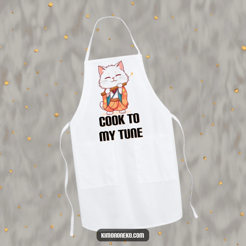 Funny White Cat Apron: A fluffy white cat in a vibrant kimono humorously pretends to play a flute while cooking.
