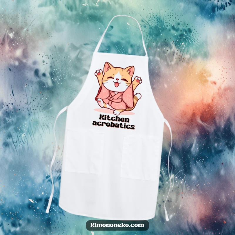 Funny Kawaii cat in a whimsical kimono doing a clumsy somersault, cooking apron, fun kitchen wear.