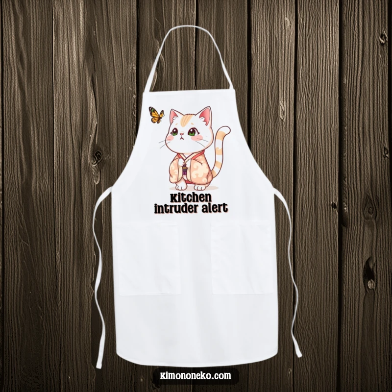 Funny apron showing a surprised cat in a festive kimono, tail comically puffed in reaction to a fluttering butterfly, adding humor to your cooking ensemble.