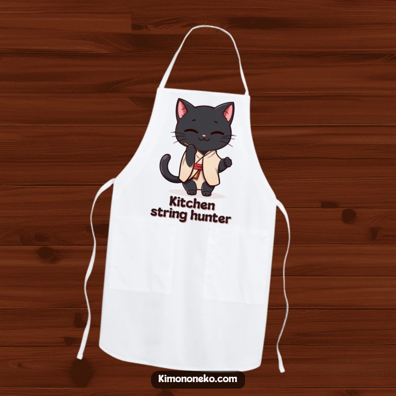 Funny Black Cat Kimono Apron: A Kawaii black cat in a simple kimono playfully batting at a string, perfect for cooking with humor.