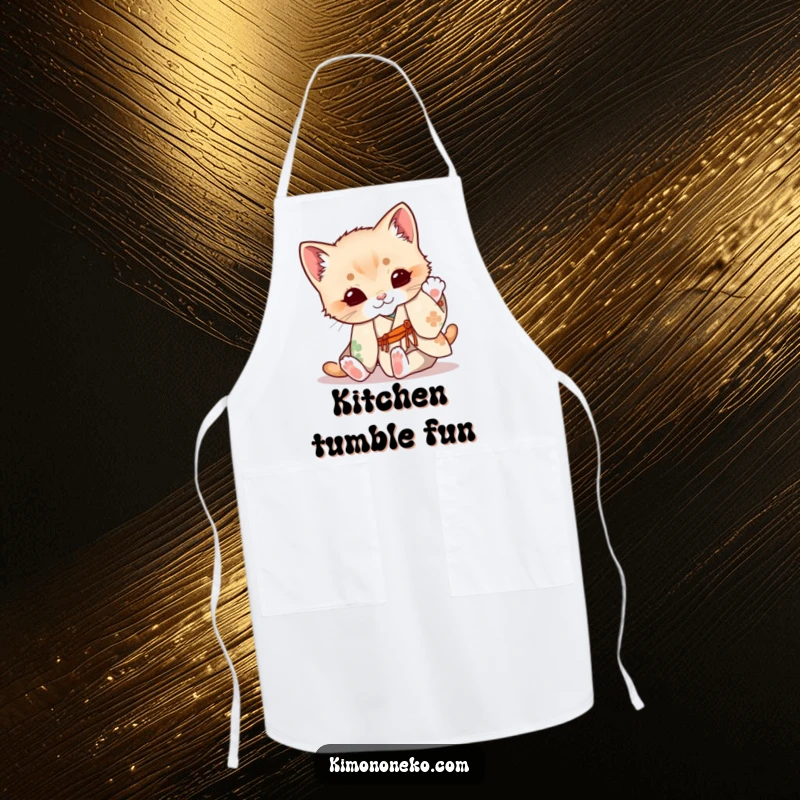 Funny Kitten Apron: A cute kitten in a floral kimono playfully tumbles, adding charm to any kitchen task.