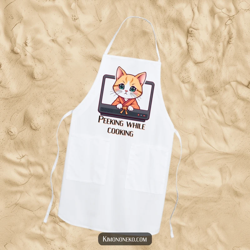 Funny curious cat in a bright kimono peeking from behind screens, on a functional and humorous kitchen apron.