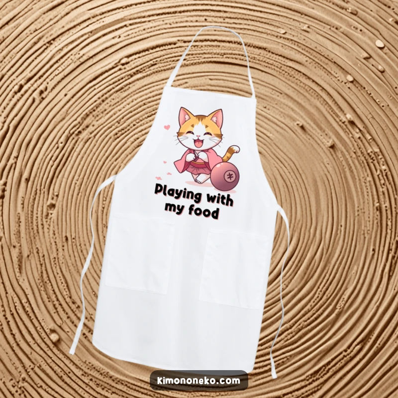 Funny kawaii calico cat in a pink kimono, chasing a rolling ball, on a functional and funny kitchen apron, a fun gift.