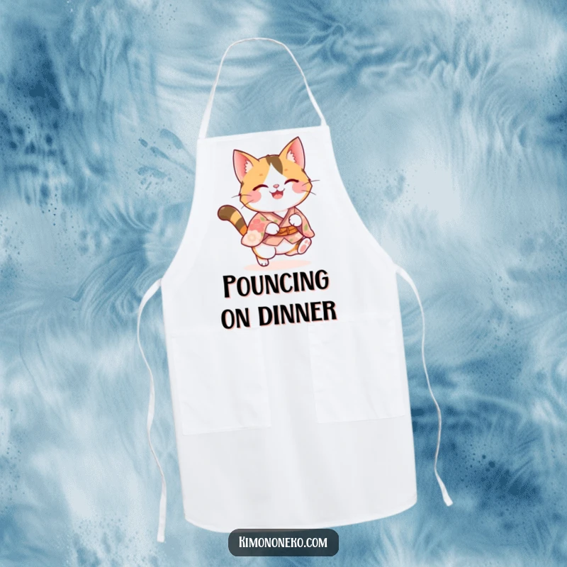 Funny calico kawaii cat in a floral kimono doing a joyful pounce, a charming and humorous touch for a kitchen apron.