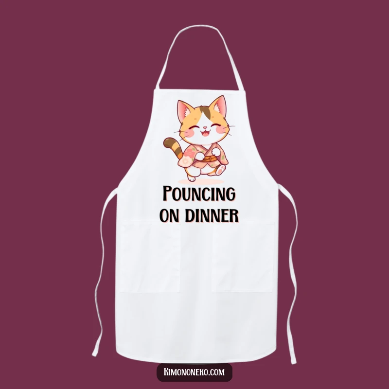 Funny Calico Cat Pounce Apron: Cute Kawaii Kitty in Floral Kimono - Chef's Gift!