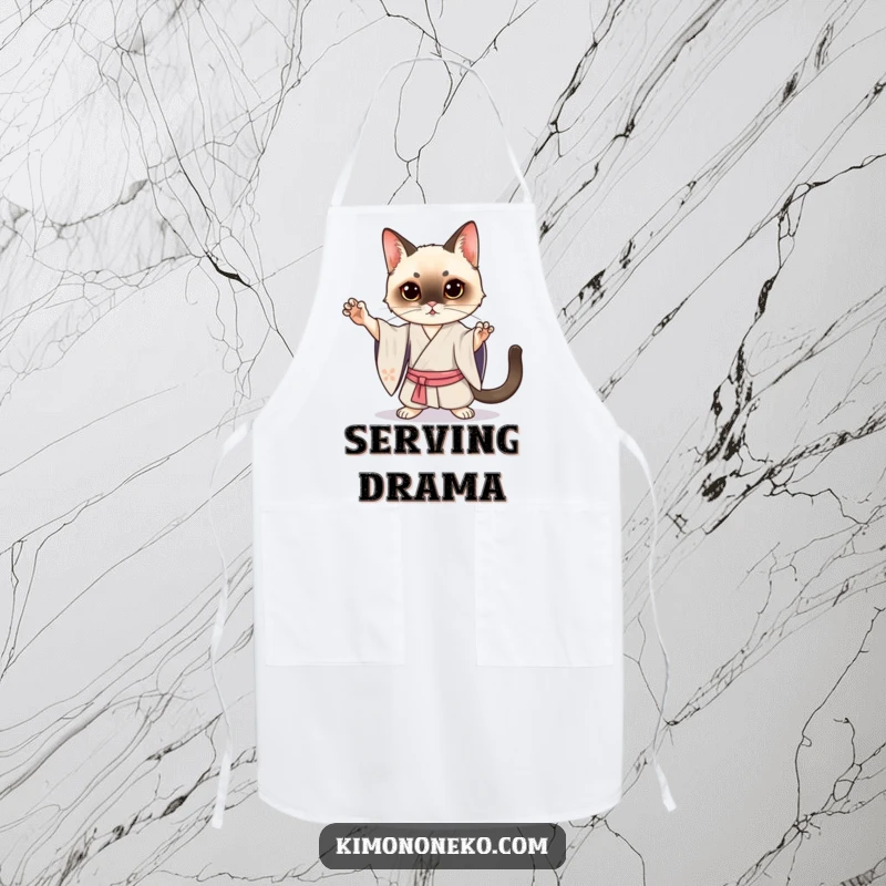 Funny Siamese Cat Kimono Apron: A Kawaii Siamese cat in a silk kimono posing dramatically, perfect for cooking with humor.