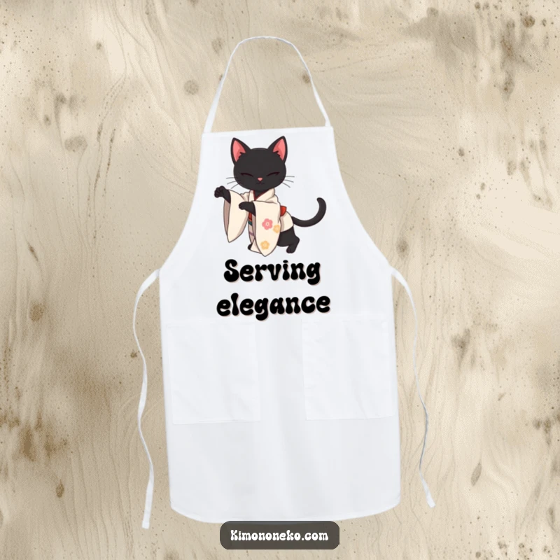 Funny apron illustrating a sleek kawaii black cat wearing a kimono, stretching with elegant grace, ideal for kitchen use with sophistication.