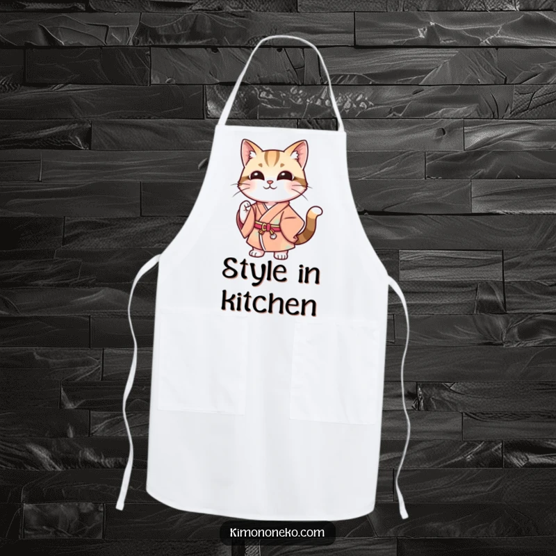 Funny apron depicting a stylish cat in a modern kimono, striking a confident pose with a smile, ready for kitchen adventures with a fashionable touch.