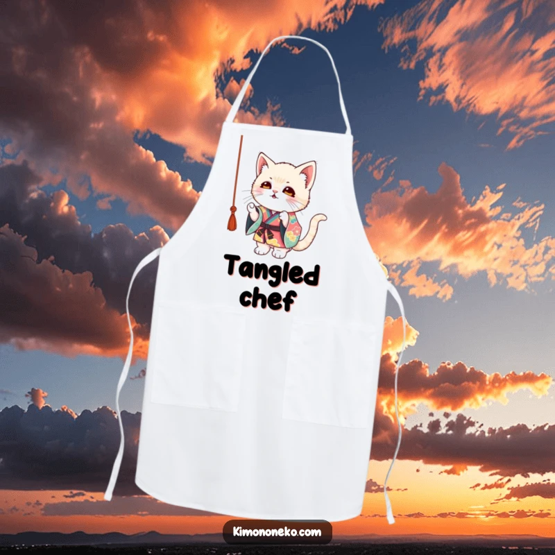 Funny Kitten Kimono Apron: A mischievous kitten in a colorful kimono playfully batting at a dangling string, a cute kitchen helper.