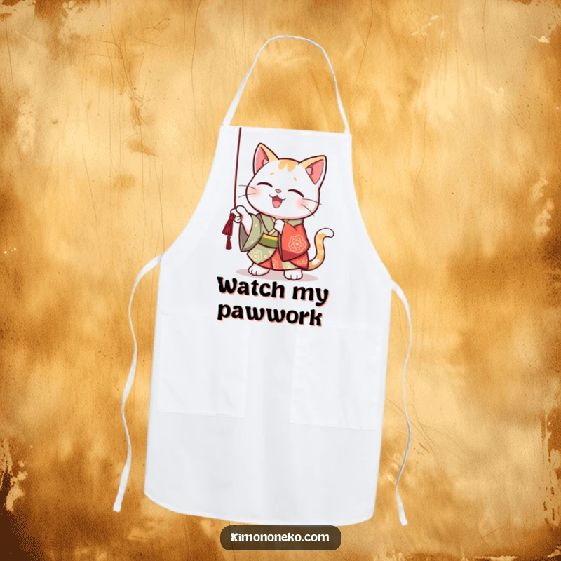 Funny Kawaii cat in a vibrant kimono, playfully batting at a dangling string, functional and humorous kitchen attire.