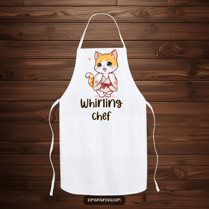 Funny Calico Cat Kimono Apron: A cheerful calico cat in a kimono doing a happy spin, ready for kitchen joy.
