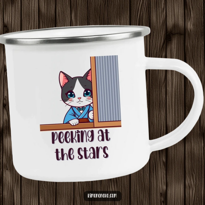 Funny curious kawaii tuxedo cat in a blue kimono, peeking from behind a screen, on a durable camping mug.