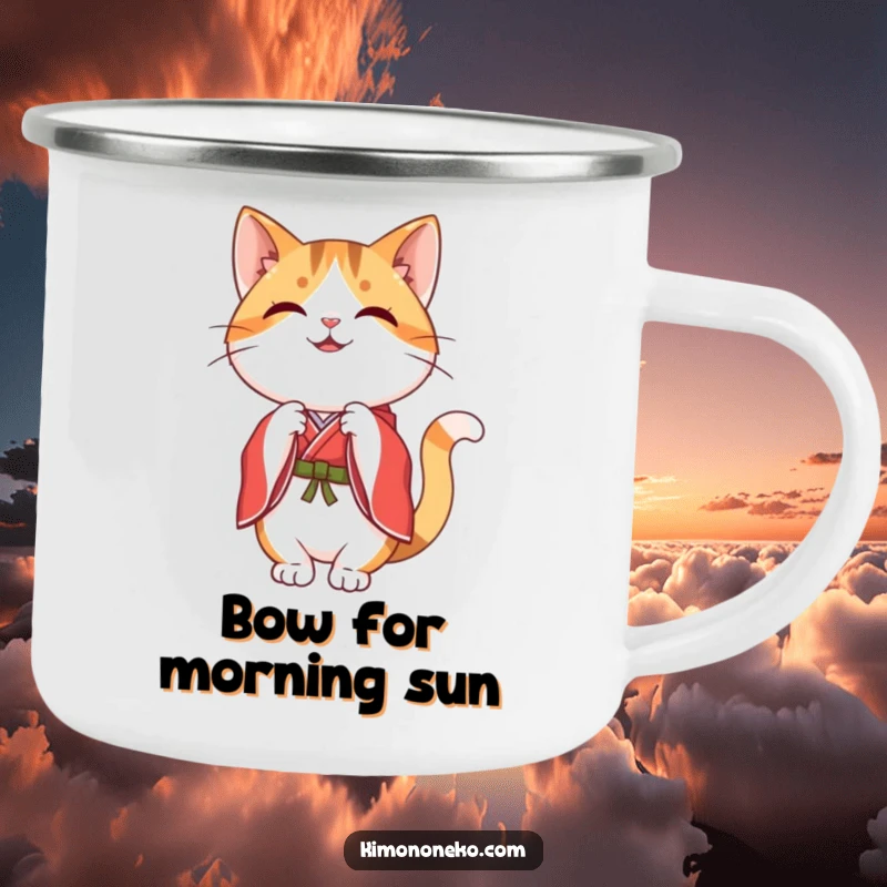 Funny happy kawaii calico cat in a red and white kimono, performing a graceful bow, on a durable camping mug.